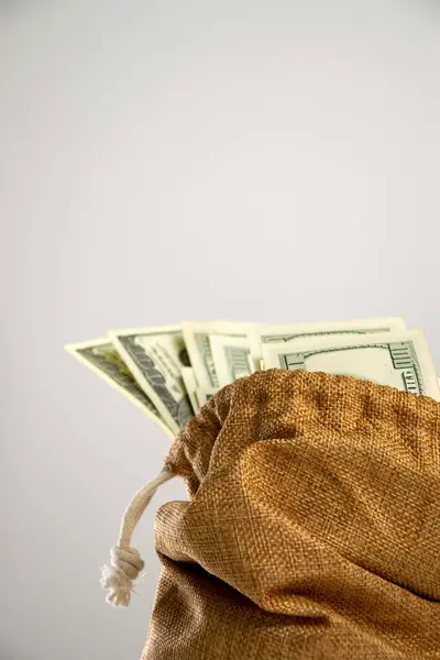 Kahverengi kumaştan bir para çantasının yakın plan fotoğrafı. Üstünde dolar banknotları var..