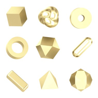 3d Altın Geometrik Şekiller kümesi. Dekoratif altın figürler.