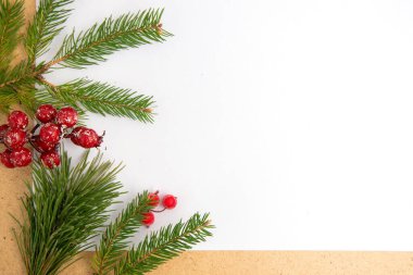 Taze çam dalları ve canlı kırmızı böğürtlenlerden oluşan bir koleksiyon boş bir alana güzelce yerleştirilmiştir. Tatil el işleri, kartlar veya mevsimlik dekorasyonlar için mükemmeldir..