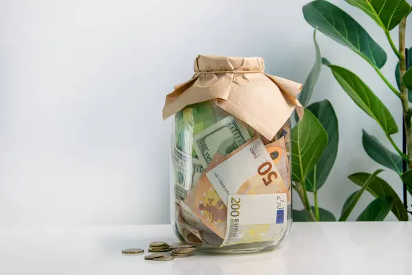 ABD dolarları ve avro banknotlarıyla dolu cam bir kavanoz beyaz bir masada duruyor. Kavanoz kahverengi bir kağıt parçasıyla kaplı. Arka planda büyük yapraklı yeşil bir bitki var..