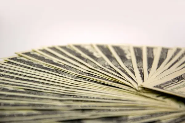 Beyaz bir yüzeye dizilmiş Amerikan dolarları hayranının yakın plan görüntüsü..