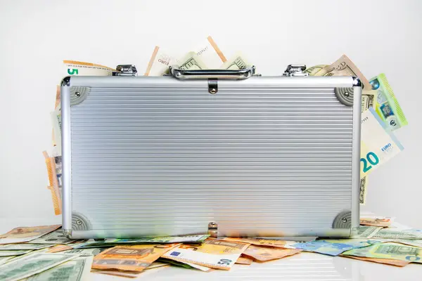 Avro ve Amerikan dolarlarıyla çevrili beyaz bir yüzey üzerinde gümüş bir bavul duruyor..