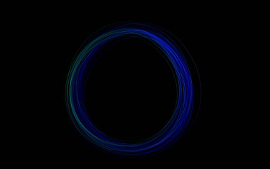 Dinamik bir donuk ışık çemberi, koyu bir arkaplan karşısında mavi ve yeşil renkte parlar ve büyüleyici ışık desenleri sergiler..