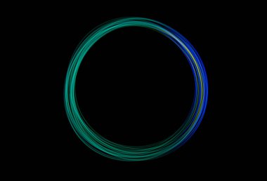 Çarpıcı bir ışık çemberi, koyu bir arkaplana karşı harmanlanmış canlı mavi ve yeşil renklerle orta hareketin ortasında donmuş olarak belirir..