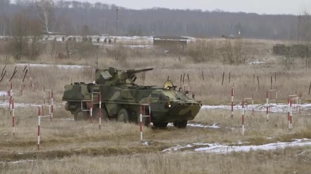 Soldiers March Background Armored Personnel Carriers Apc Trucks Driving Road — Stock Video