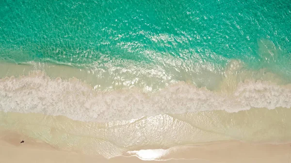 Aerial top view of ocean blue waves break on a beach. Sea waves and beautiful sand beach aerial view shot. Tropical beach with turquoise ocean water and waves, aerial view. Top view of paradise island
