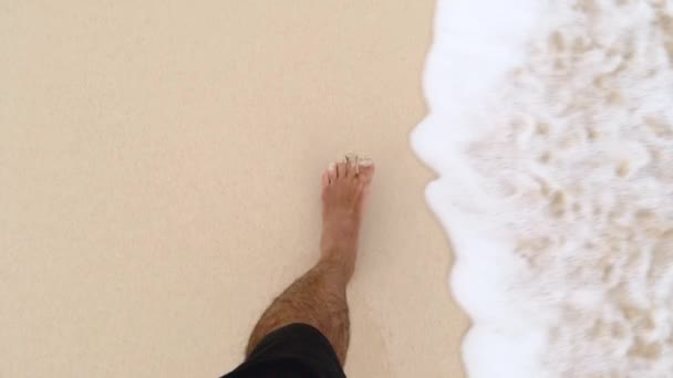 Deniz Kıyısındaki Kumsalda Yürüyen Ayaklar Erkek Bacakları Okyanus Kenarında Yürüyor — Stok video