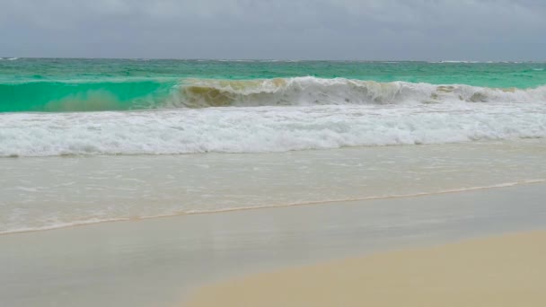 Κύμα Σπάει Μια Αμμώδη Παραλία Θυελλώδη Καιρό Στον Ωκεανό Οργισμένα — Αρχείο Βίντεο