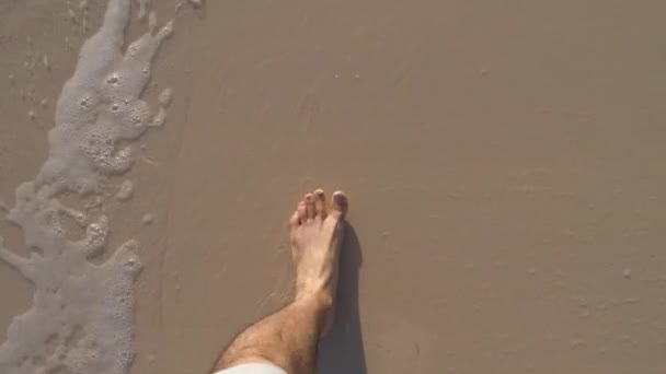 Najlepszy Widok Stóp Chodzenie Piasku Wybrzeżu Morza Męskie Nogi Pobliżu — Wideo stockowe