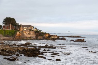 Rocky Riffs Sunset, Eldwayen Ocean Park, Pismo Beach, California Central Coast 'ta. Kaliforniya manzarası, ABD - Shell Beach sahili, Pismo Sahili. Pismo Sahili California manzarası. Okyanusta gün batımı