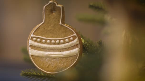 Імбирний Хлібний Милий Цуценя Іграшка Різдвяна Прикраса Фоні Зеленого Дерева — стокове відео