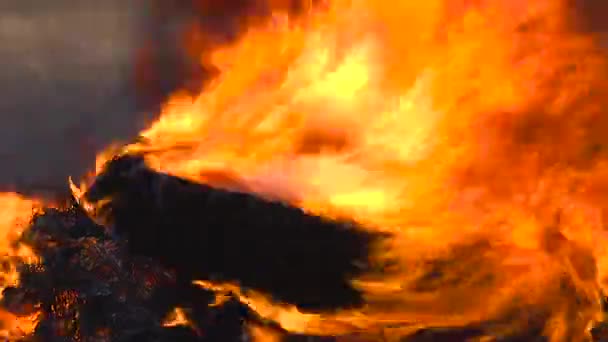 Płonące Opony Samochodzie Ułożone Drut Wystający Czarny Dym Ognia Palenie — Wideo stockowe