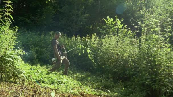 Tukang Kebun Dengan Mesin Pemotong Rumput Bermain Main Dan Memperkenalkan — Stok Video
