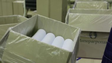 İşçi plastik kapları karton kutuya koyar. Plastik gıda ambalajı fabrikası. Plastik ambalaj fabrikasında çalışan bir işçi..