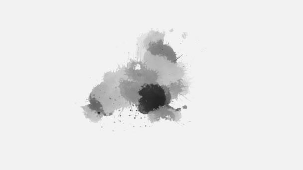 墨水污迹散布在白色的背景上 喷墨过渡效果 水彩斑斓的黑色油墨 油墨飞溅过渡 笔刷笔划 流体艺术背景 阿尔法垫组合 — 图库视频影像
