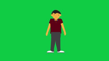 Gülümseyen çizgi film karakteri sol el animasyonunu, yeşil ekran arka planını gösteriyor. Döngüsel canlandırma yön ipuçları ve video içeriği için mükemmeldir.