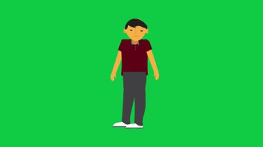 Animasyon çizgi film karakteri başını yana eğmiş, yeşil ekran arka planı var. Döngüsel animasyon, anlamlı sahneler ve yaratıcı video düzenleme için idealdir.