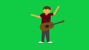 Çizgi film karakteri yeşil ekranlı bir gitar animasyonu tutarken konuşuyor. Döngüsel animasyon müzik videoları, tanıtımlar ve içerik oluşturma için harikadır.