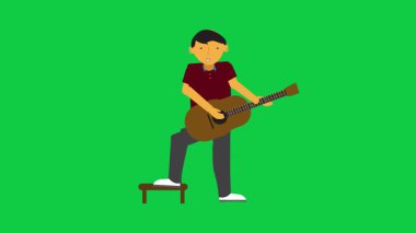 Çizgi film karakteri yeşil ekranlı tabure animasyonunda gitar çalıp şarkı söylüyor. Döngüsel performans animasyonu müzik videoları ve yaratıcı içerik için idealdir.