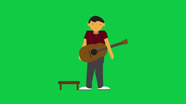 Çizgi film karakteri yeşil ekranlı bir tabure animasyonundan gitar alıyor. Görüntü düzenleme ve yaratıcı projeler için döngü oluşturulabilir canlandırma eylemi ideali.