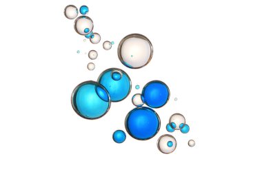 Beyaz üzerine izole edilmiş mavi ve berrak su kabarcıkları.