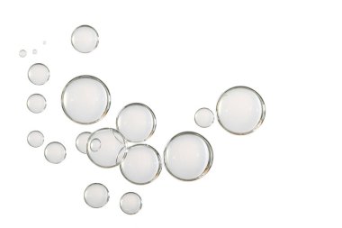 Beyaz zemin üzerinde izole edilmiş bir grup su kabarcığı.