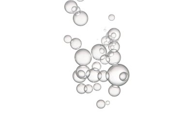 Açık gri köpük kabarcıkları, beyaz arkaplanda izole edilmiş.