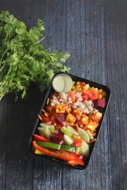 Indian tandoori paneer salad served with fresh greens and seasonal vegetables. Served in a take-away container clipart