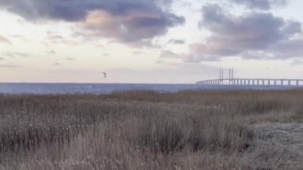 Pessoa Esportiva Está Kiteboarding Longe Anoitecer Mar Báltico Dia Ventoso — Vídeo de Stock