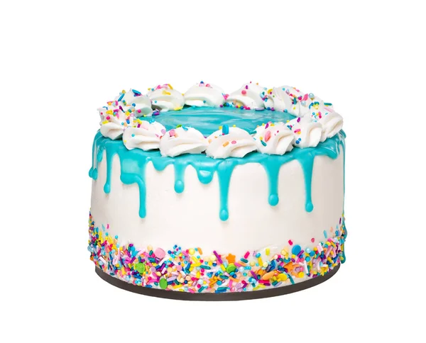 香草奶油生日蛋糕 带有茶色的蓝色心绞痛滴注和色彩斑斓的洒落与纯白色背景隔离 时髦的 — 图库照片