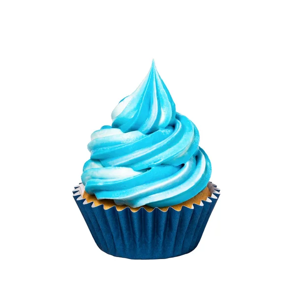 Bolo Creme Manteiga Com Gelo Redemoinho Azul Branco Isolado Fundo — Fotografia de Stock