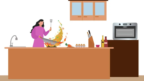 台所のベクトル図で調理する女性 台所のベクトル図で炒飯を作る母親 多くの成分と主婦料理 ナイフ オーブン — ストックベクタ