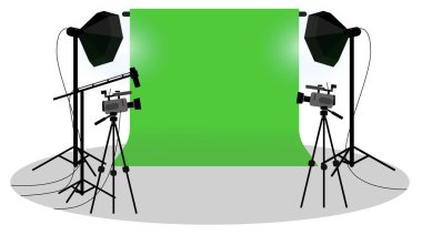 Yeşil ekran stüdyo içi şemsiye softbox godox, projektör takımı ve kamera stüdyosu, film seti beyaz 