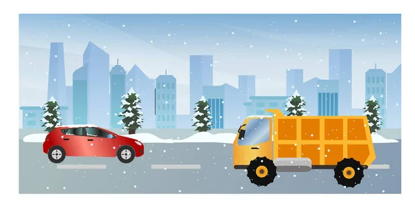 冬のベクトル図で都市道路 冬の都市景観ベクトル図 雪嵐の間の交通道路 — ストックベクタ