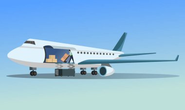 Hava Kargo Taşıma vektör çizimi, Uçak Nakliye Lojistiği, Kargo uçağı lojistik konsepti vektör grafik çizimi, Global Air yük lojistiği.