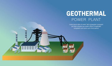 Jeotermal enerji santrali vektör illüstrasyonu, jeotermal enerji istasyonu bayrak tasarım şablonu, jeotermal yenilenebilir enerji, yeşil alternatif güç