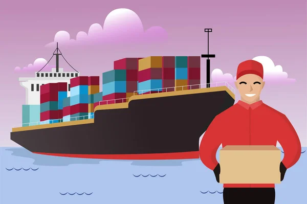 貨物船 海上輸送と配送ベクトル図 海上輸送グローバルロジスティクス バナーやウェブサイトのコンセプト 貨物コンテナ 海上輸送ベクトル図 — ストックベクタ