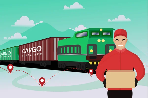 Nákladní Vlak Pro Global Logistics Vektorové Ilustrace Logistika Doprava Lodní — Stockový vektor