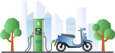 Elektrik Scooter Vektör İllüstrasyonu için şarj istasyonu. Çevre Yeşil Taşımacılık Enerjisi, Elektrikli Motosiklet Şarj Bataryası, Elektrik Bisikleti, Eco City Taşımacılık Konsepti