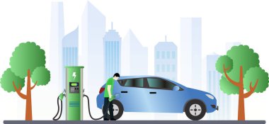 Şarj istasyonu vektör ilüstrasyonundan elektrik yüklü araba, araçlar şarj istasyonu, elektrikli araçlar, eko-dağıtım konsepti, yeşil enerjili eko şehir, batarya arabası 