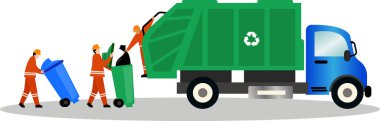 Çöpçüler çöpleri çöp kamyonuna, çöp kamyonuna, çöp kamyonuna, çöp kamyonuna ve temizlik işçisi vektör ilüstrasyonuna, çöp kutusuna, çevre temizleyicilerine atıyorlar.