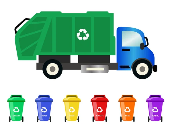 stock vector garbage truck and management of waste, various type of trash bin, six trash can with different type of waste