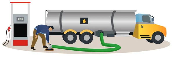 Žlutý Cisternový Vůz Vykládající Benzín Čerpací Stanici Cisternový Řidič Cisternového — Stockový vektor