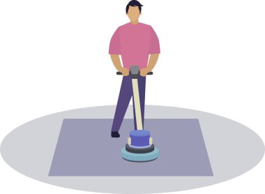 Halı servisi illüstrasyon konseptini temizlemek, ev ve halk için temizlik servisi çalışanı, halı fırçalama makinesi iten adam, ürün satışı için düz simge