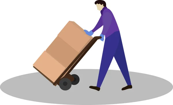 Delivery Man Shipping Vector Illustration Delivery Man Pushing Hand Truck — Stock Vector