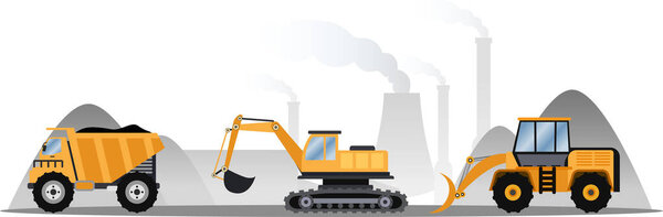 горный транспорт, концепция горнодобывающей промышленности, экскаватор и самосвалы, работающие на угольной шахте, экскаватор и фронтальный погрузчик и карьерный грузовик на горнодобывающей станции, тяжелое машиностроение в промышленности