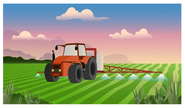 农田喷洒拖拉机杀虫剂的喷雾机病媒图解 农业产业网站概念 — 图库矢量图片