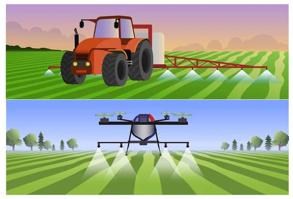 Tracteur Pulvérisation Pesticide Engrais Pulvérisation Drone Dans Illustration Vectorielle Champ — Image vectorielle