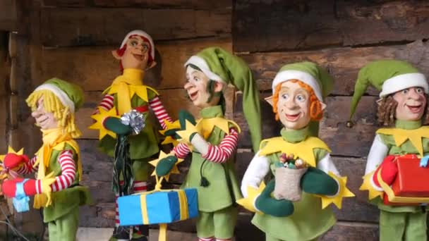 Velké Vánoční Pohybující Elfí Panenky Dárkovými Krabicemi Rukou Jako Dekorace — Stock video