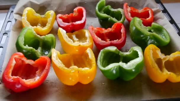 Halves Yellow Red Green Paprika Pepper Spices Sunflower Oil Lie — Stock Video